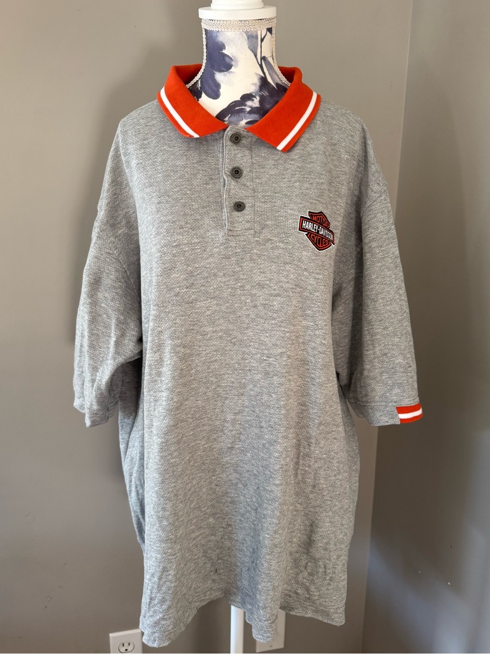 Grey Harley Davidson Polo Shirt With Orange Contrast Collar